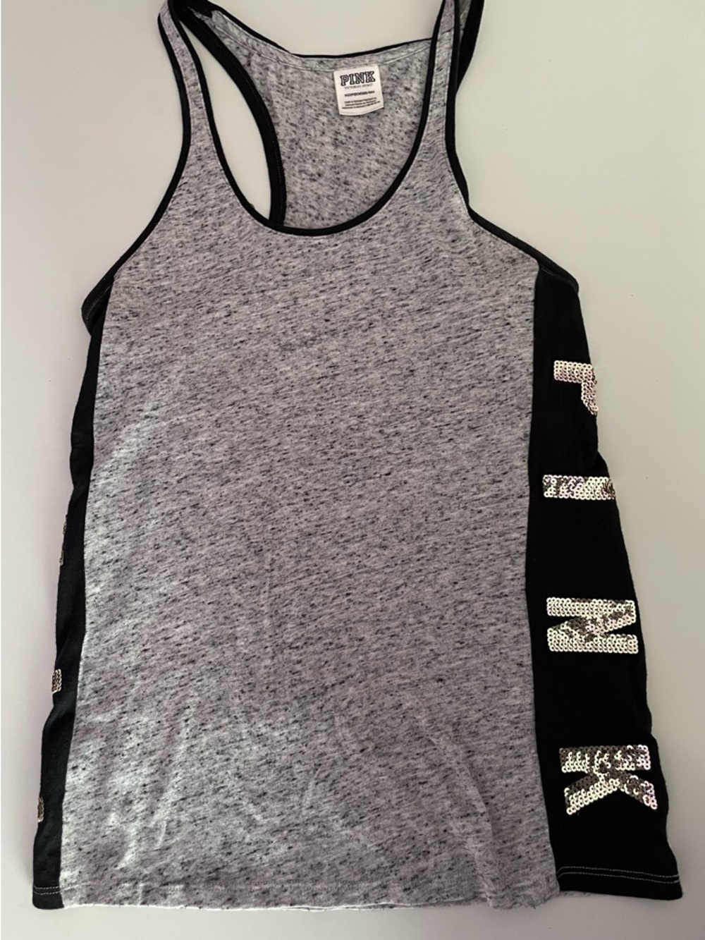 PINK Victoria's Secret Gray & Black Racerback Tank with Sequin Logo